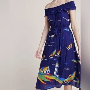 Anthropologie Off-Shoulder Blue Dress with Nautical Motif